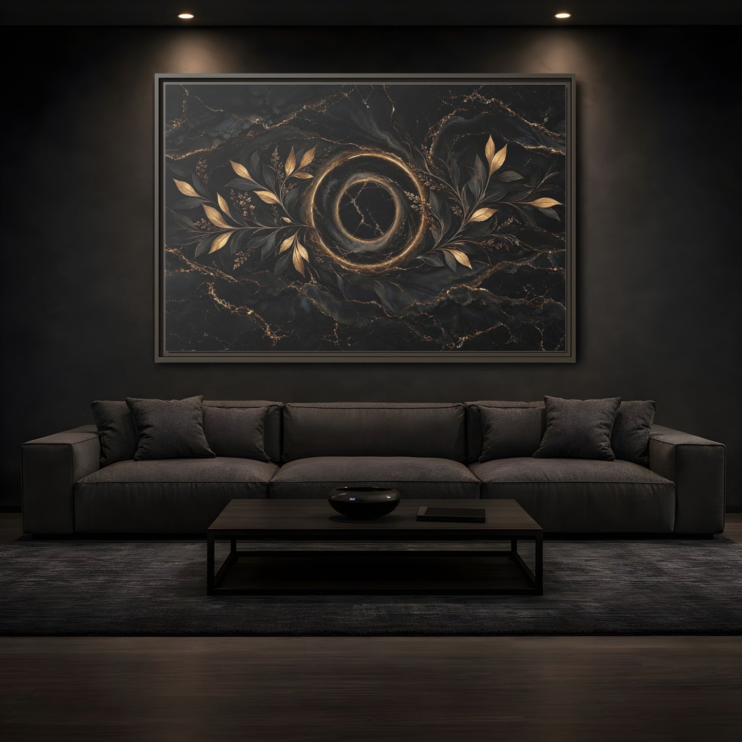 Mockup 3. Nature Golden Branches Black And Gold shown as stretched canvas wall art