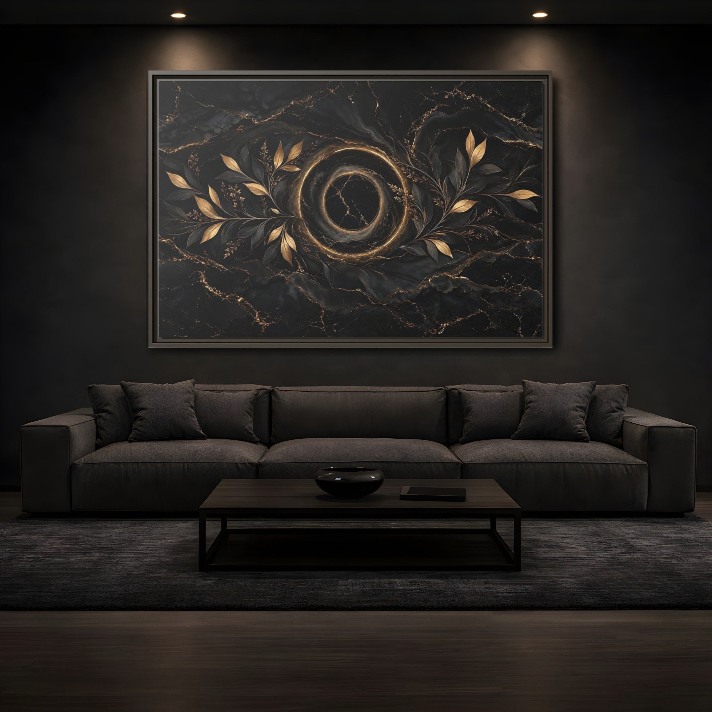Mockup 3. Nature Golden Branches Black And Gold shown as stretched canvas wall art