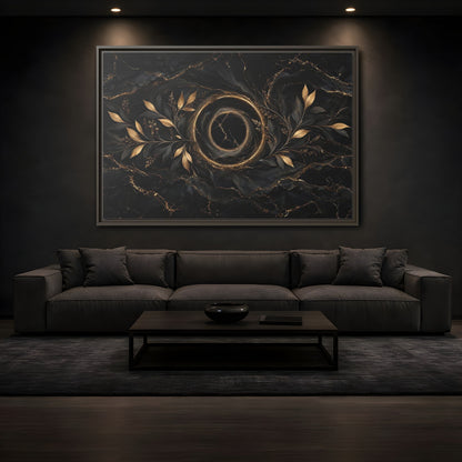 Mockup 3. Nature Golden Branches Black And Gold shown as stretched canvas wall art