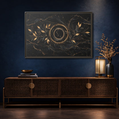Mockup 4. Nature Golden Branches Black And Gold shown as stretched canvas wall art