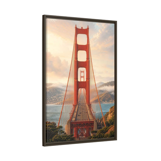Main Mockup. Nature Golden Gate Orange And Blue shown as stretched canvas wall art