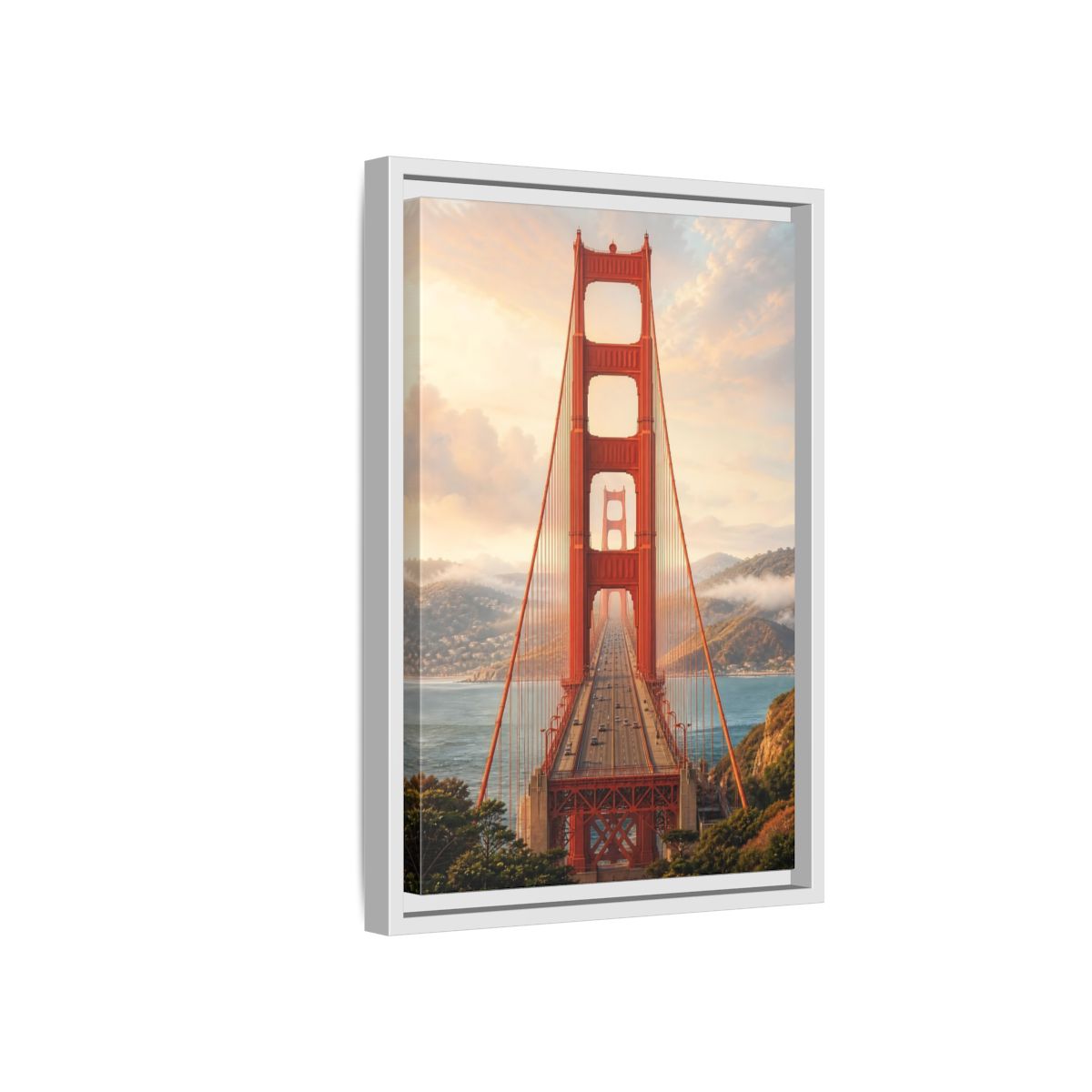 Side Mockup 4. Nature Golden Gate Orange And Blue shown as stretched canvas wall art