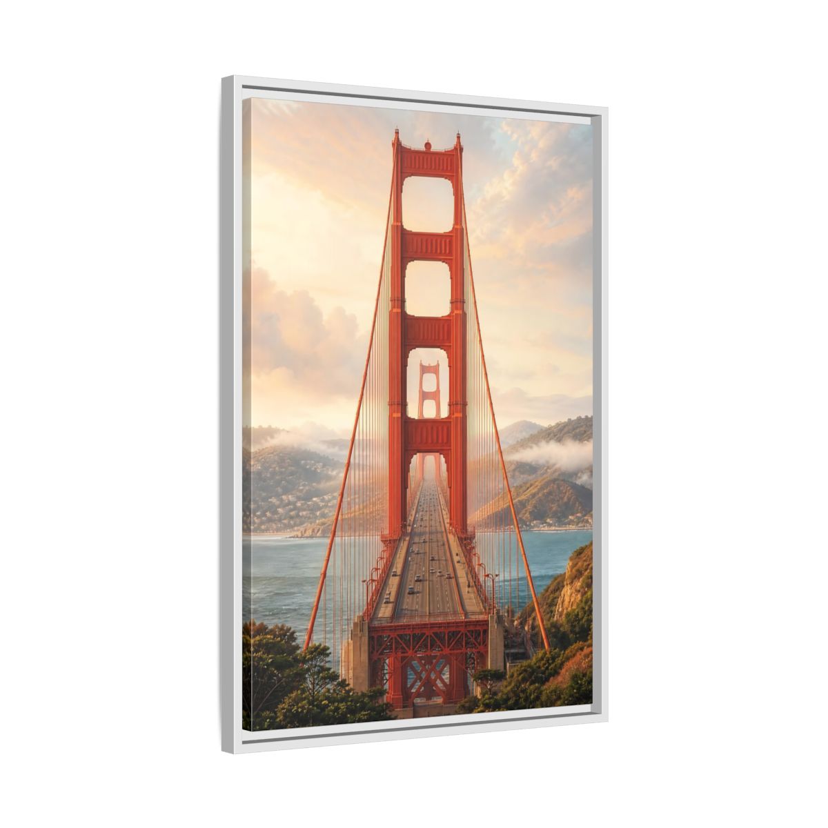 Side Mockup 10. Nature Golden Gate Orange And Blue shown as stretched canvas wall art