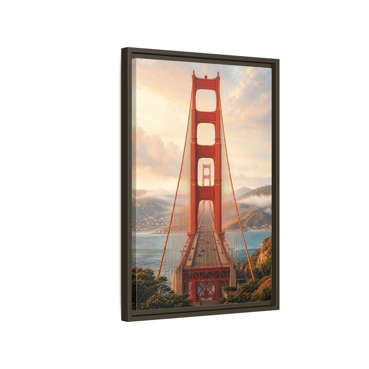 Side Mockup 2. Nature Golden Gate Orange And Blue shown as stretched canvas wall art