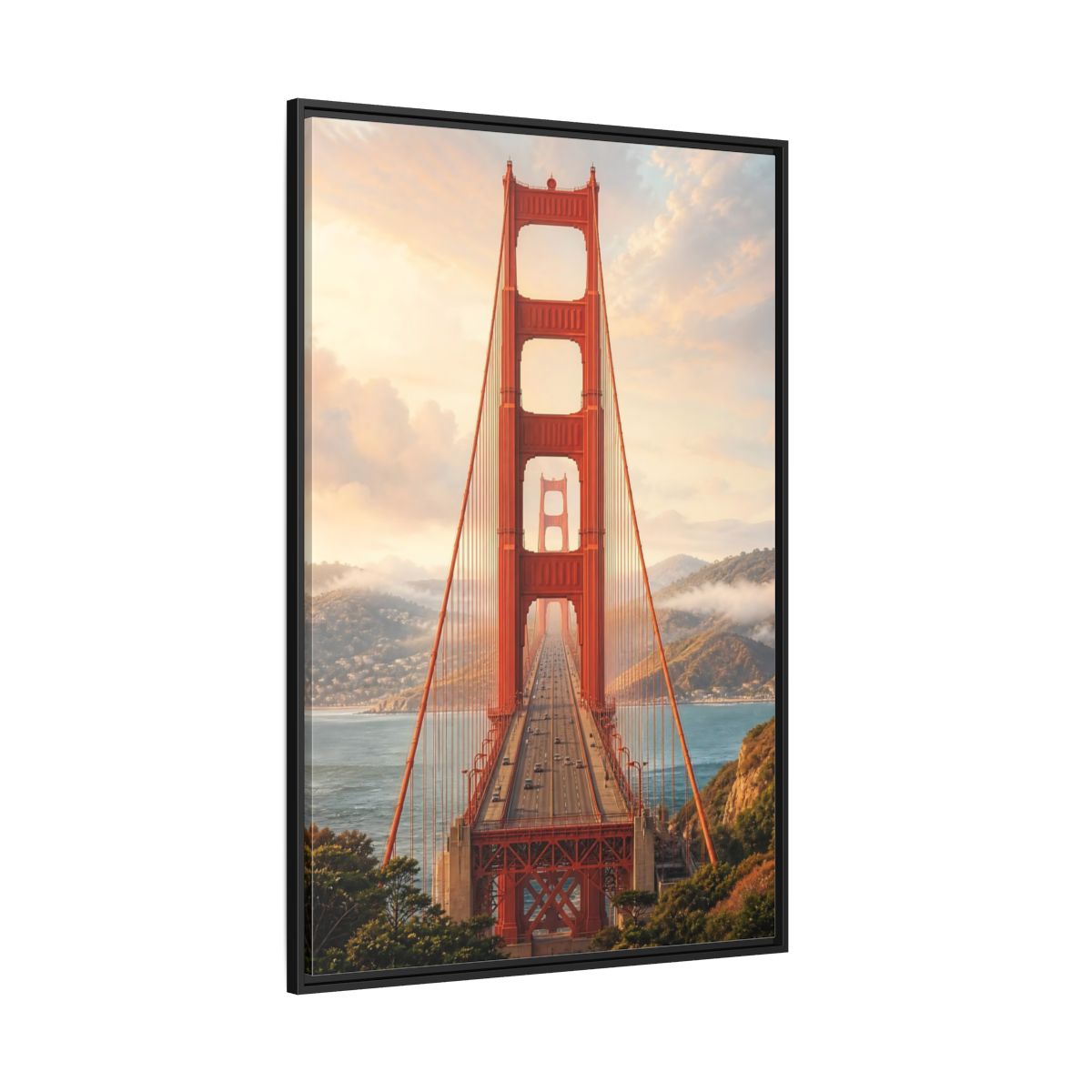 Side Mockup 12. Nature Golden Gate Orange And Blue shown as stretched canvas wall art
