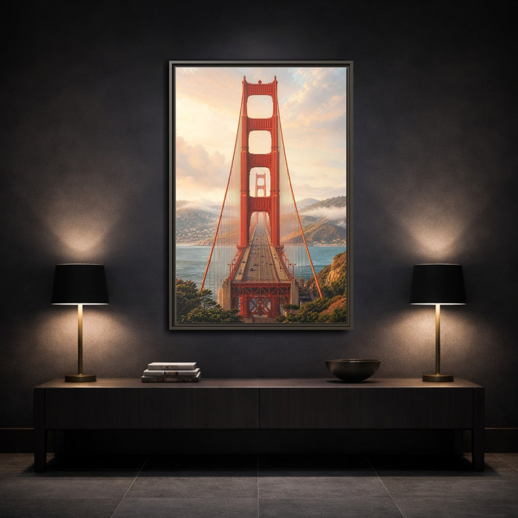 Mockup 3. Nature Golden Gate Orange And Blue shown as stretched canvas wall art