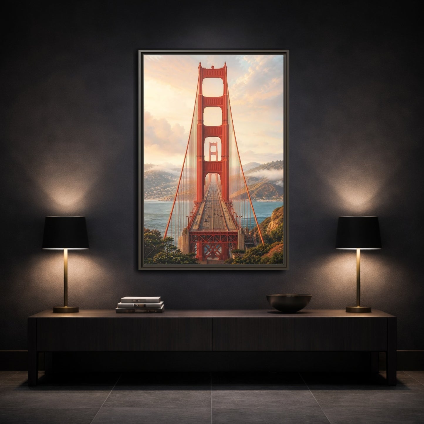 Mockup 3. Nature Golden Gate Orange And Blue shown as stretched canvas wall art