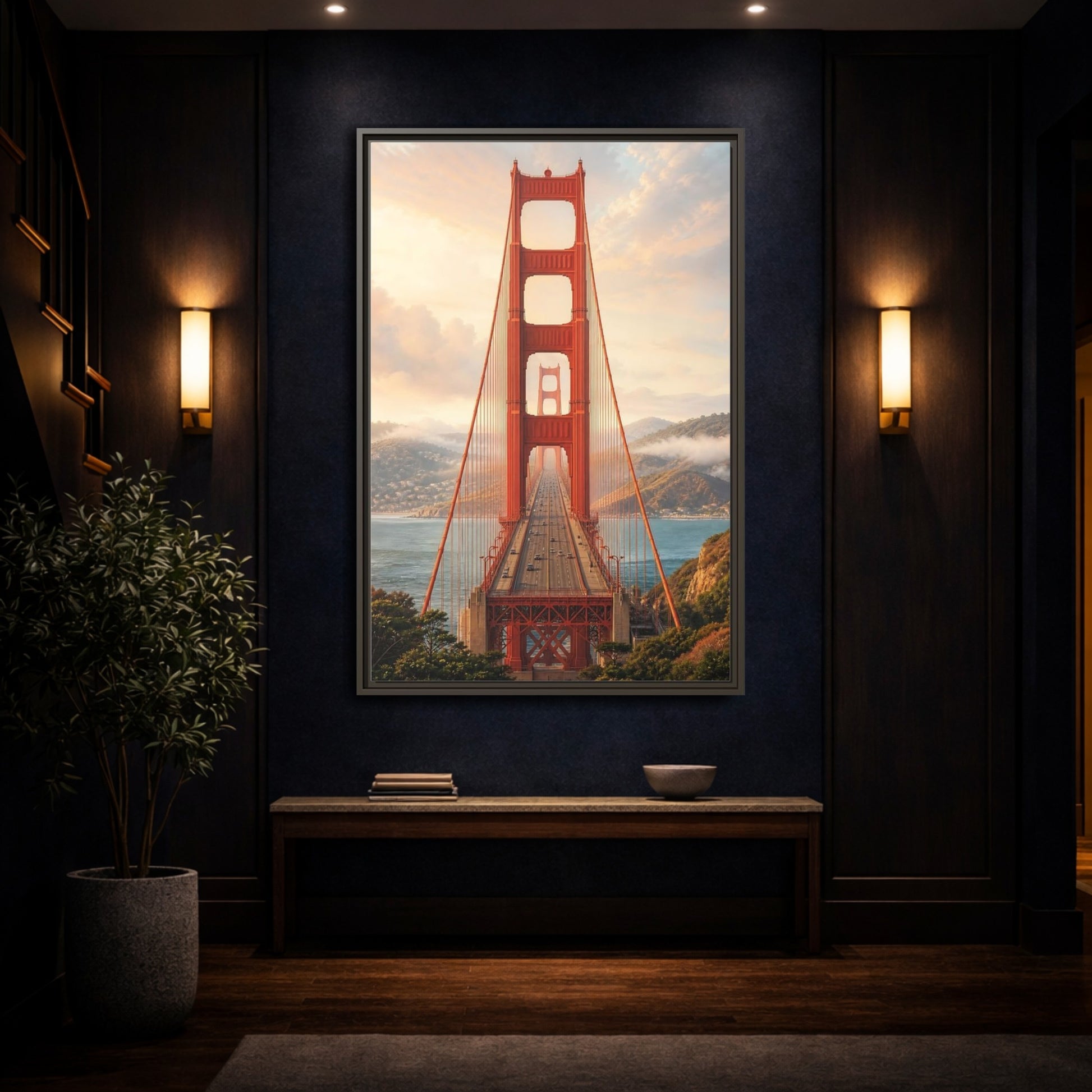Mockup 4. Nature Golden Gate Orange And Blue shown as stretched canvas wall art