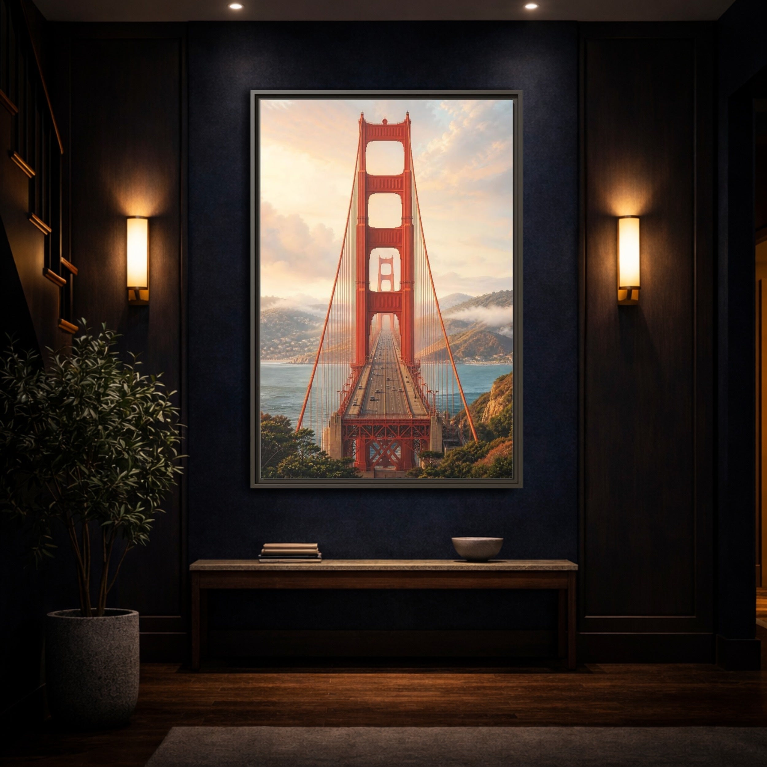 Mockup 4. Nature Golden Gate Orange And Blue shown as stretched canvas wall art