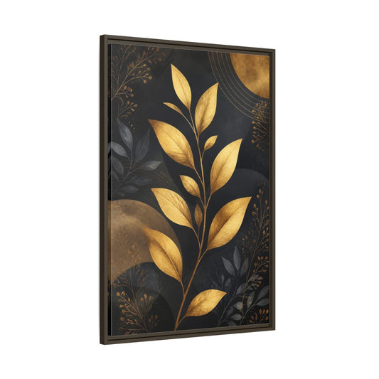 Main Mockup. Nature Golden Leaves Gold And Black Botanical shown as stretched canvas wall art