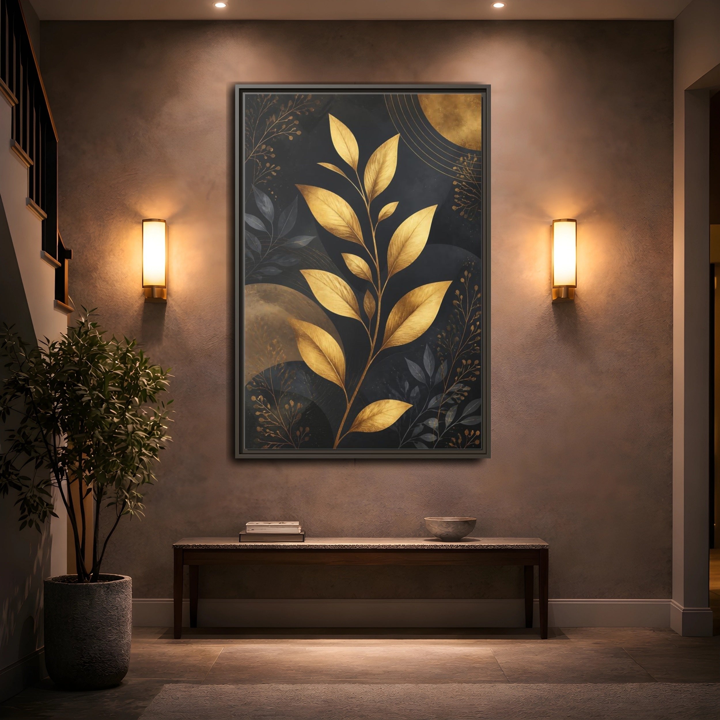 Mockup 2. Nature Golden Leaves Gold And Black Botanical shown as stretched canvas wall art