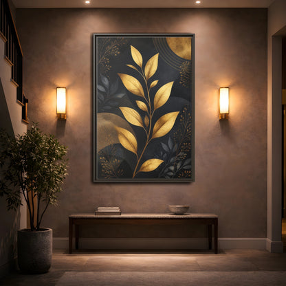 Nature Golden Leaves Gold and Black Framed Canvas Wall Art - Living Room, Above Fireplace shown as canvas wall art