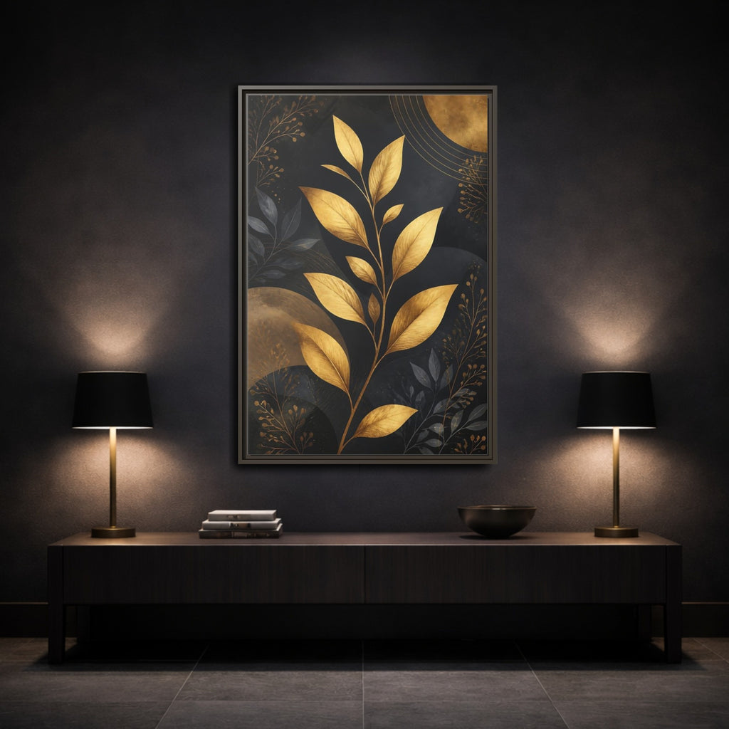 Mockup 3. Nature Golden Leaves Gold And Black Botanical shown as stretched canvas wall art