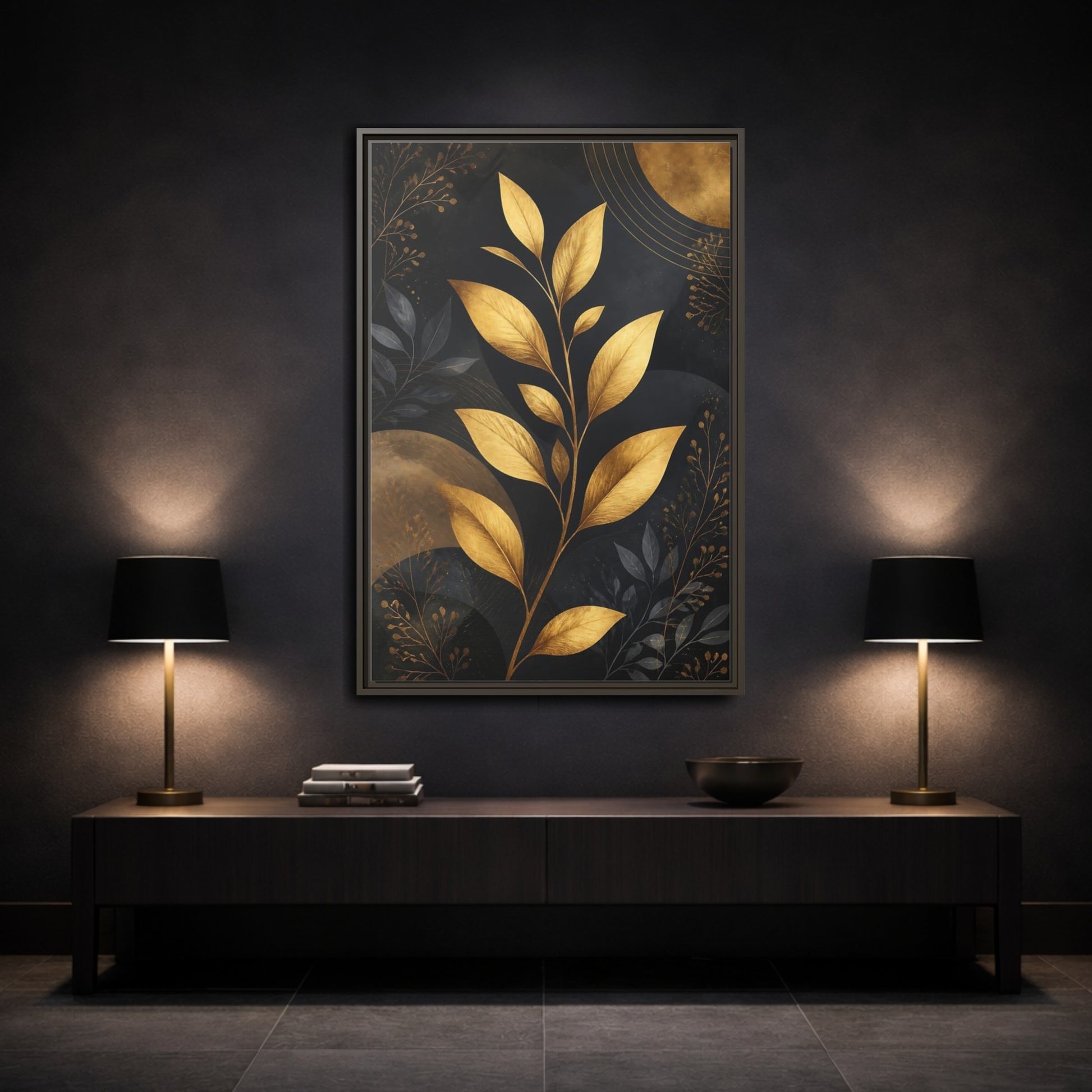Nature Golden Leaves Gold and Black Framed Canvas Wall Art - Living Room, Above Fireplace shown as canvas wall art