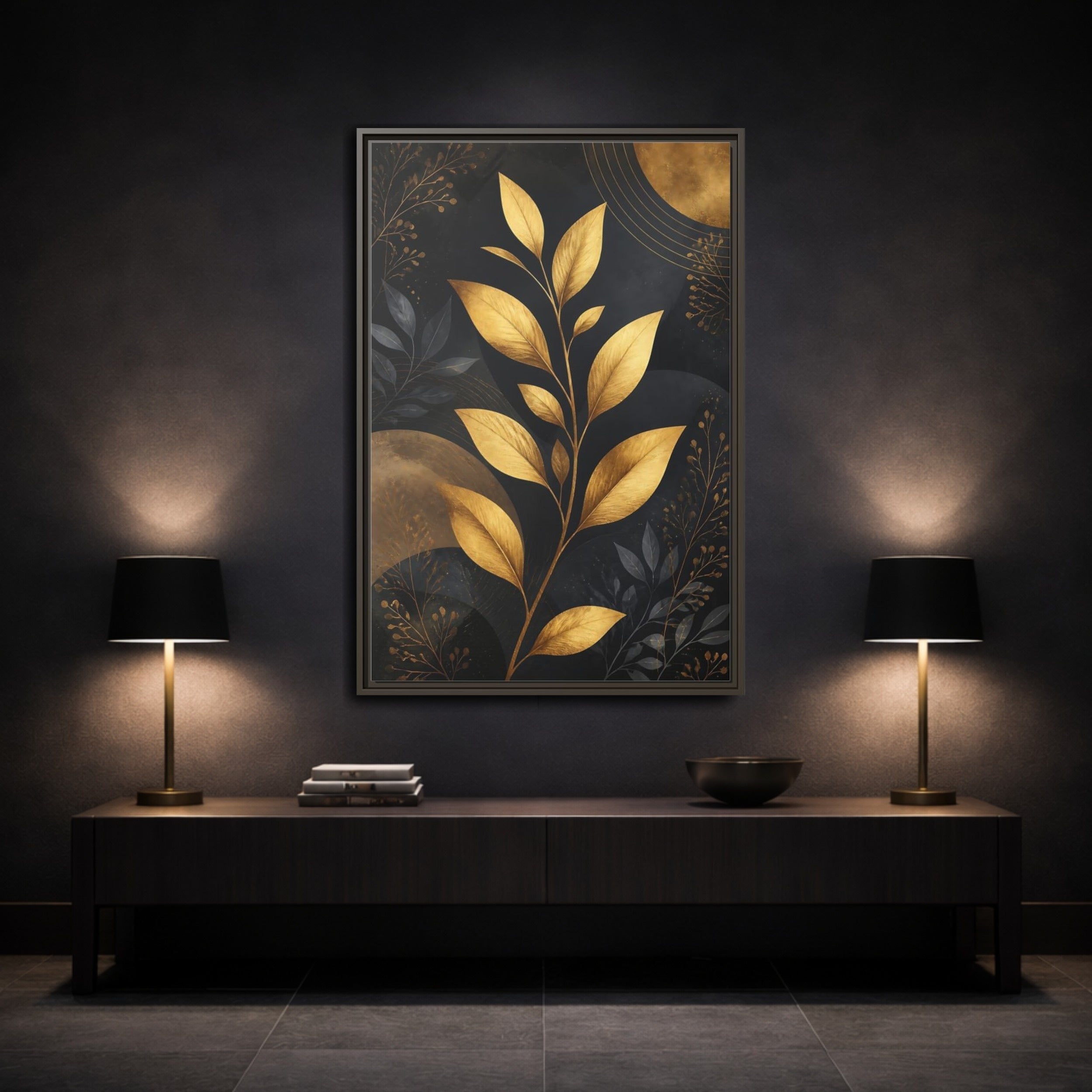 Mockup 3. Nature Golden Leaves Gold And Black Botanical shown as stretched canvas wall art