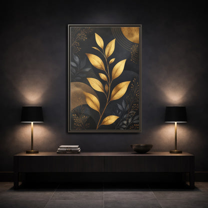 Nature Golden Leaves Gold and Black Framed Canvas Wall Art - Living Room, Above Fireplace shown as canvas wall art