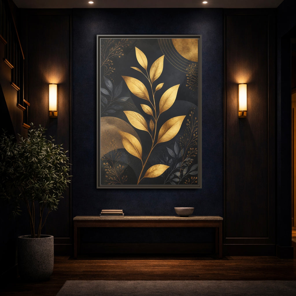 Mockup 4. Nature Golden Leaves Gold And Black Botanical shown as stretched canvas wall art