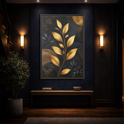 Nature Golden Leaves Gold and Black Framed Canvas Wall Art - Living Room, Above Fireplace shown as canvas wall art