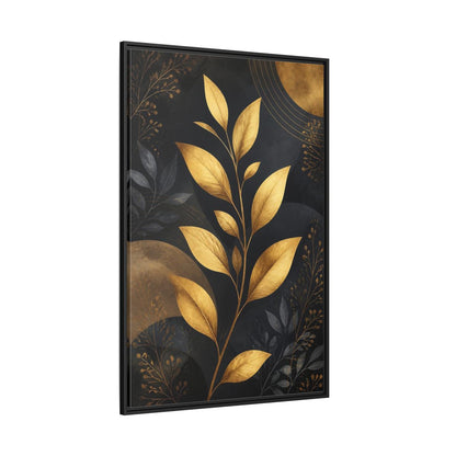 Nature Golden Leaves Gold and Black Framed Canvas Wall Art - Living Room, Above Fireplace shown as canvas wall art