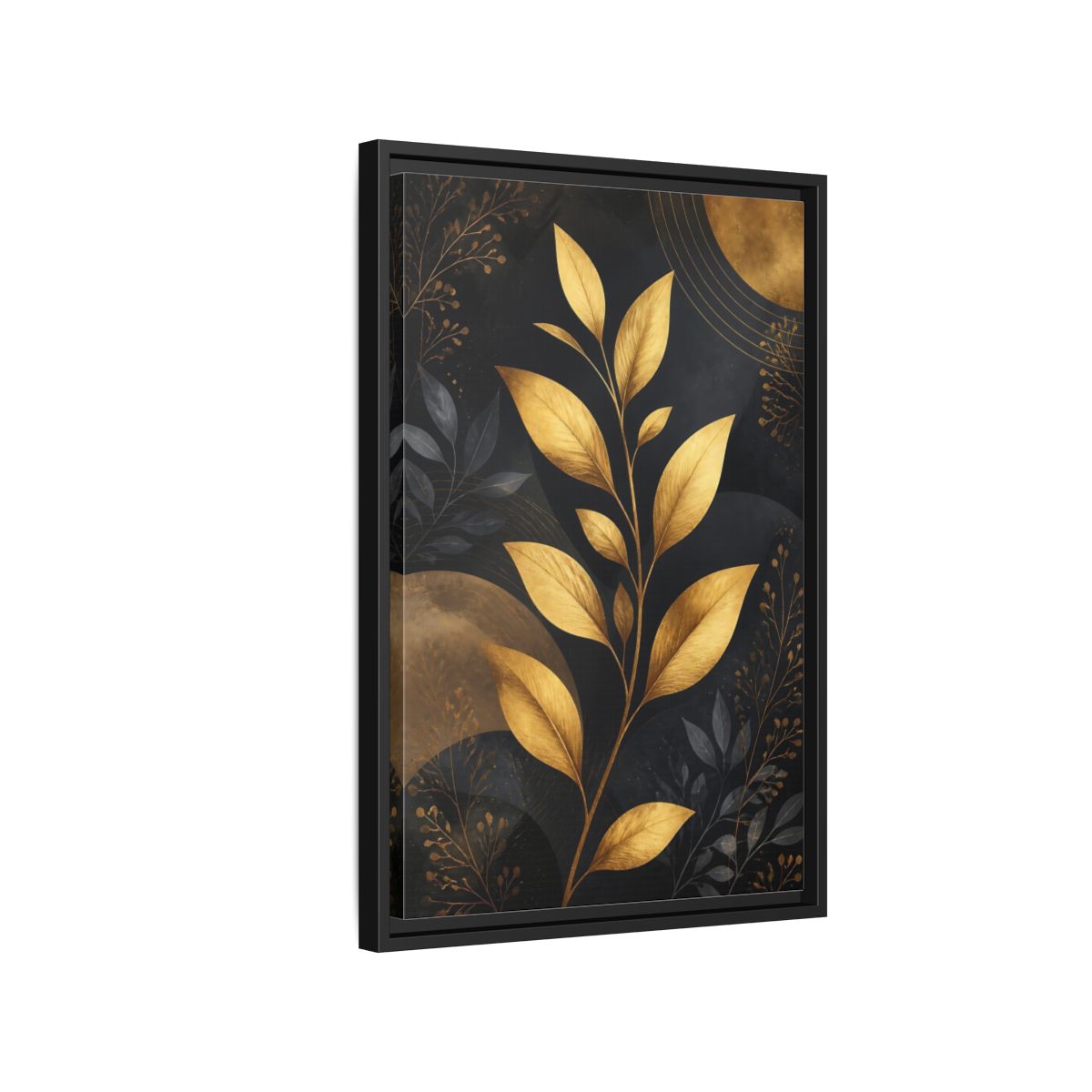 Side Mockup 3. Nature Golden Leaves Gold And Black Botanical shown as stretched canvas wall art