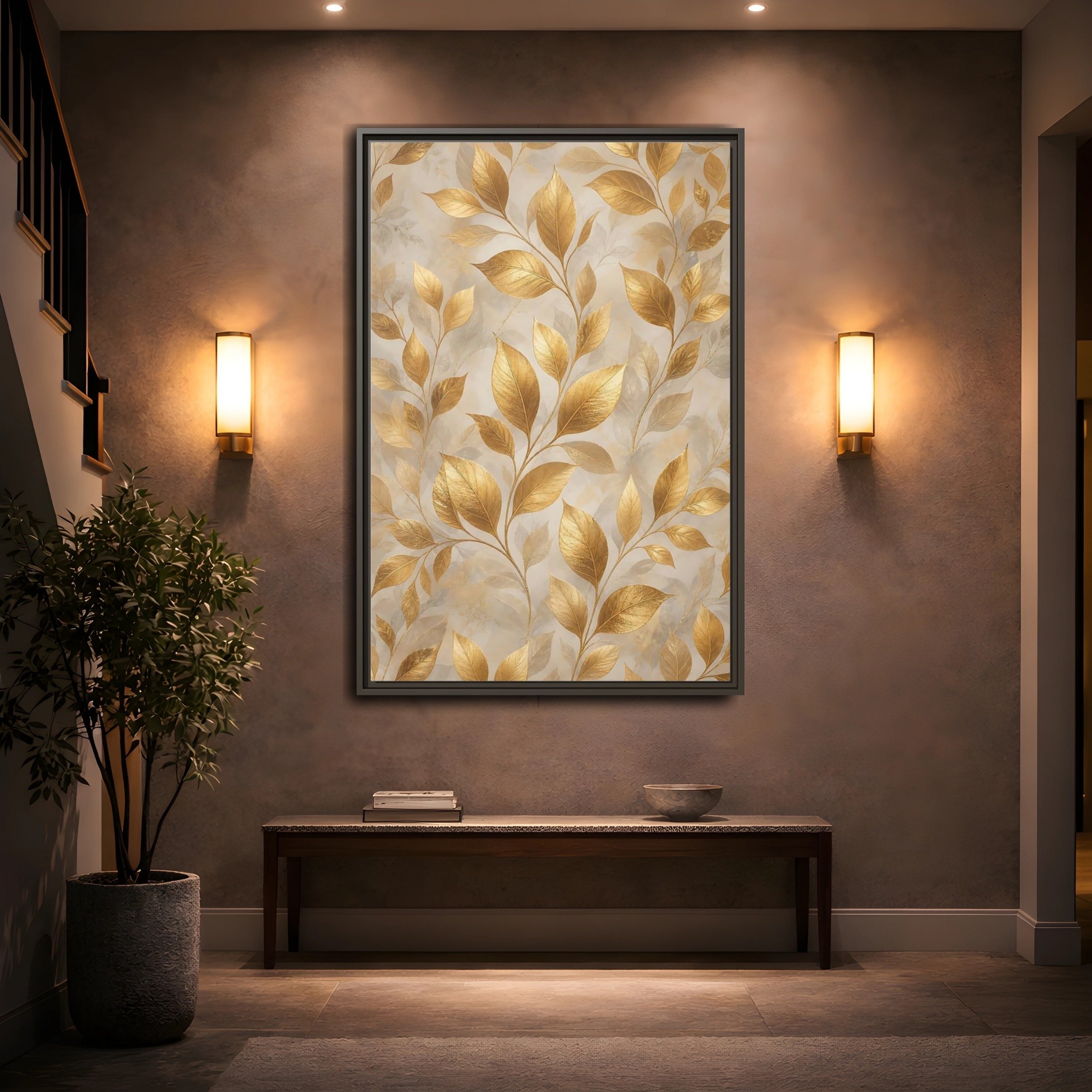 Mockup 2. Nature Golden Leaves Gold Botanical shown as stretched canvas wall art