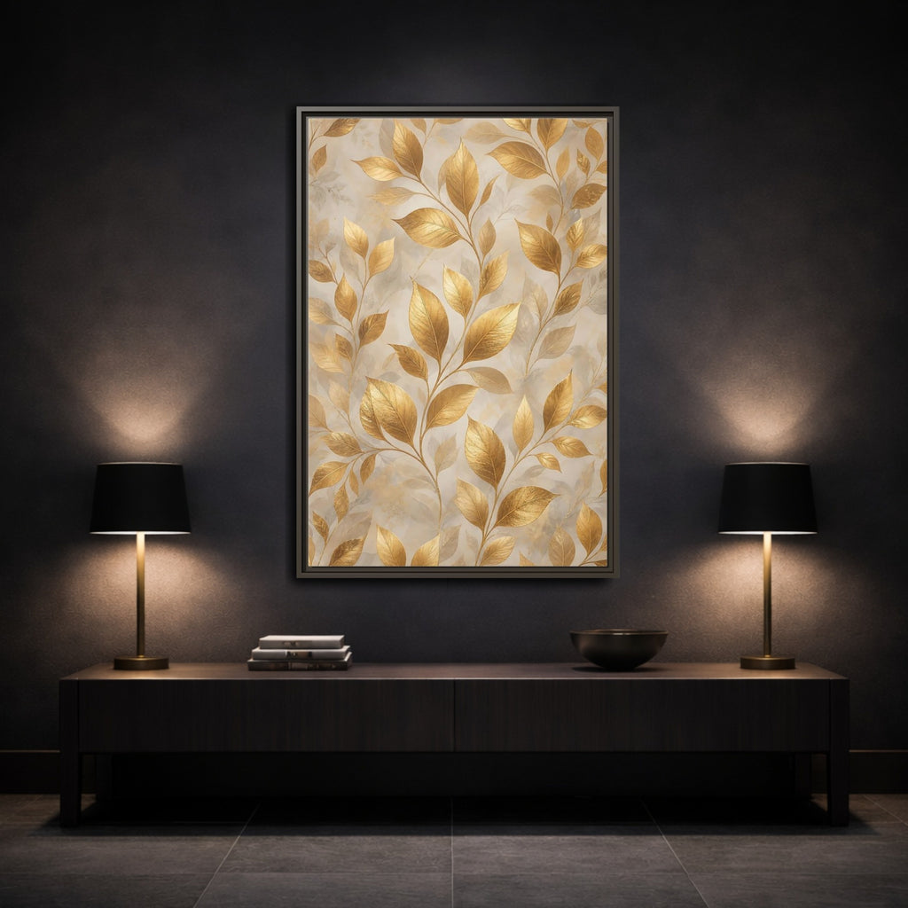 Mockup 3. Nature Golden Leaves Gold Botanical shown as stretched canvas wall art
