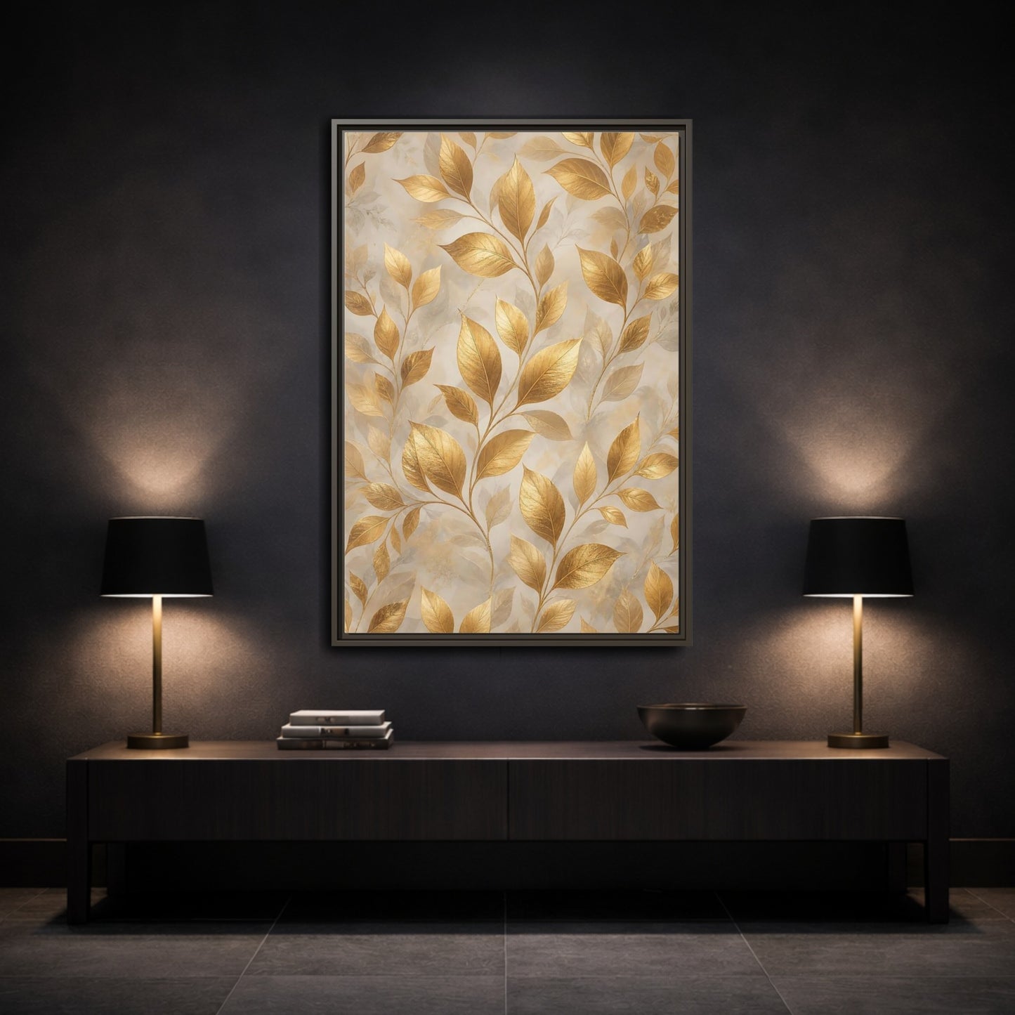 Mockup 3. Nature Golden Leaves Gold Botanical shown as stretched canvas wall art