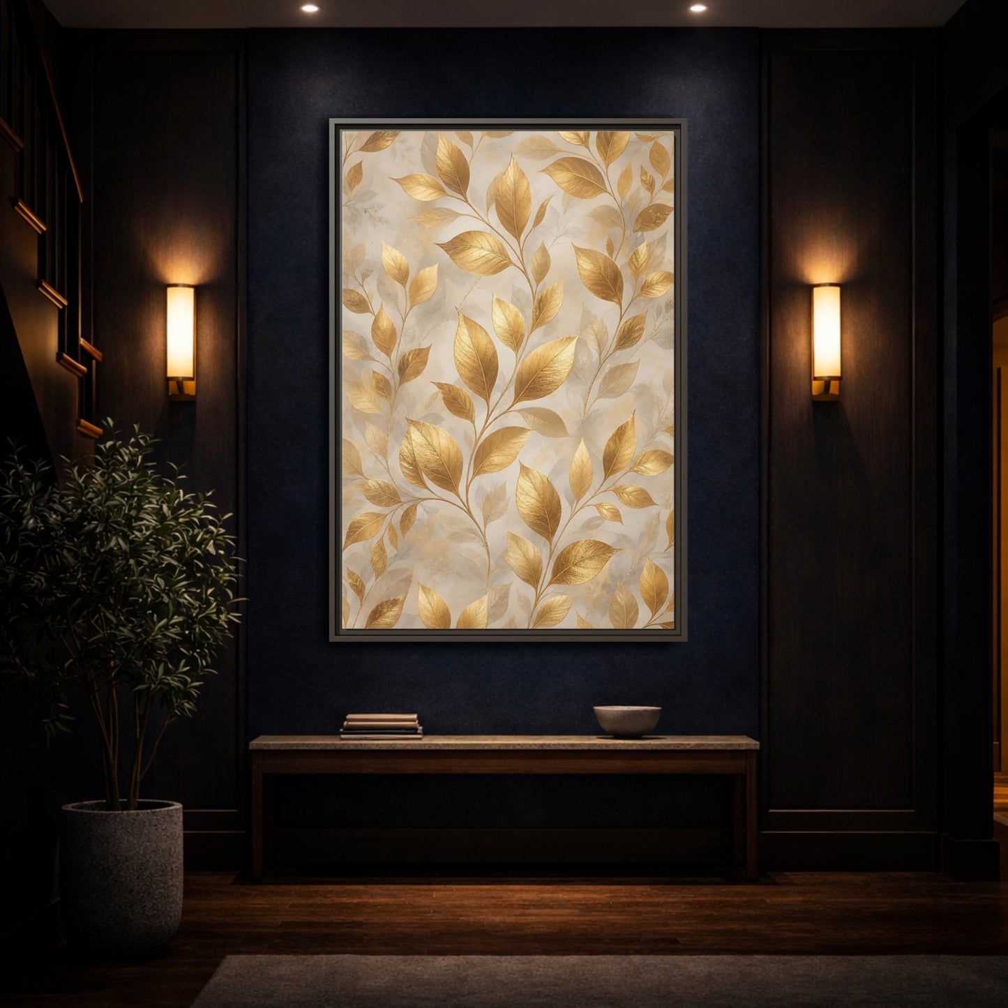 Mockup 4. Nature Golden Leaves Gold Botanical shown as stretched canvas wall art