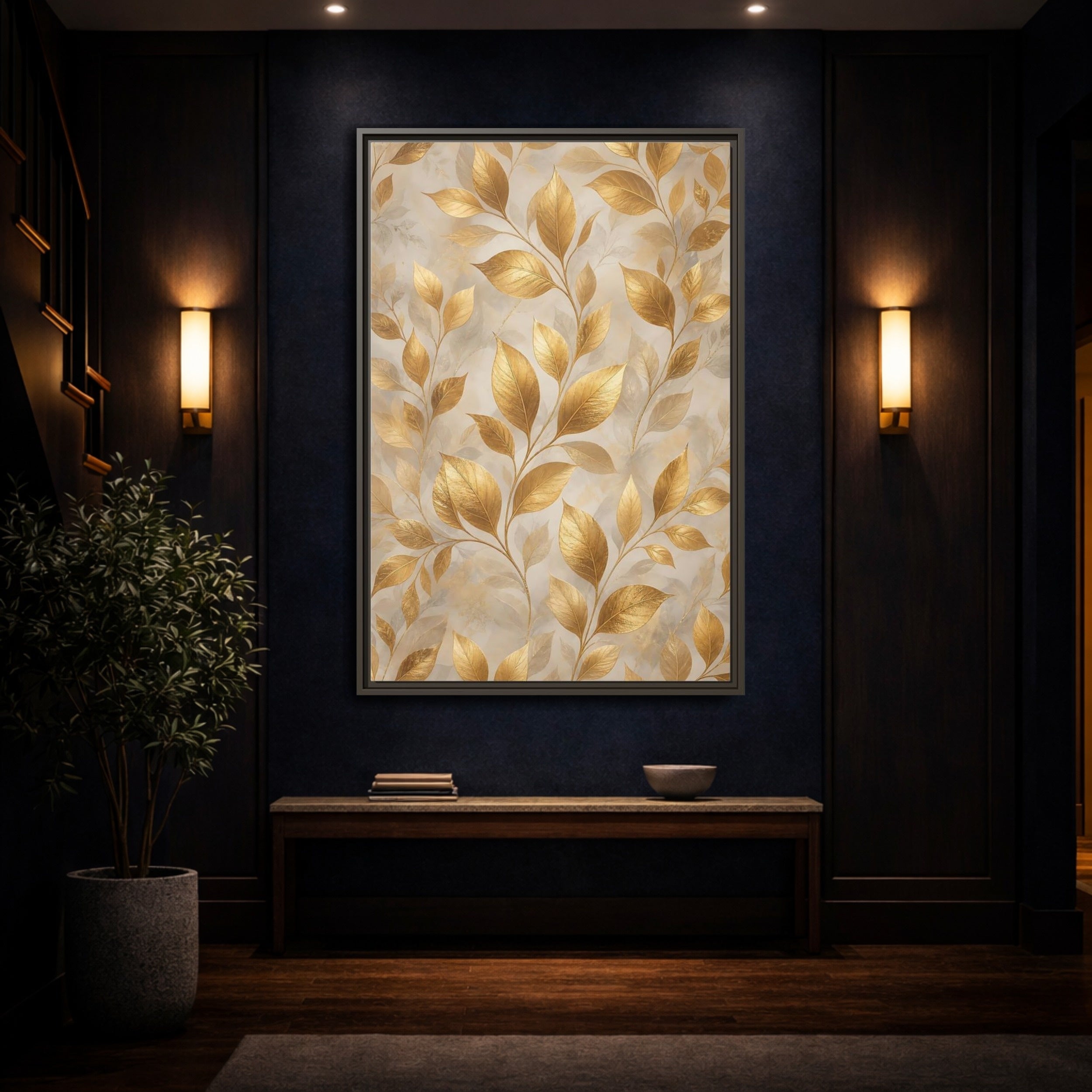 Mockup 4. Nature Golden Leaves Gold Botanical shown as stretched canvas wall art