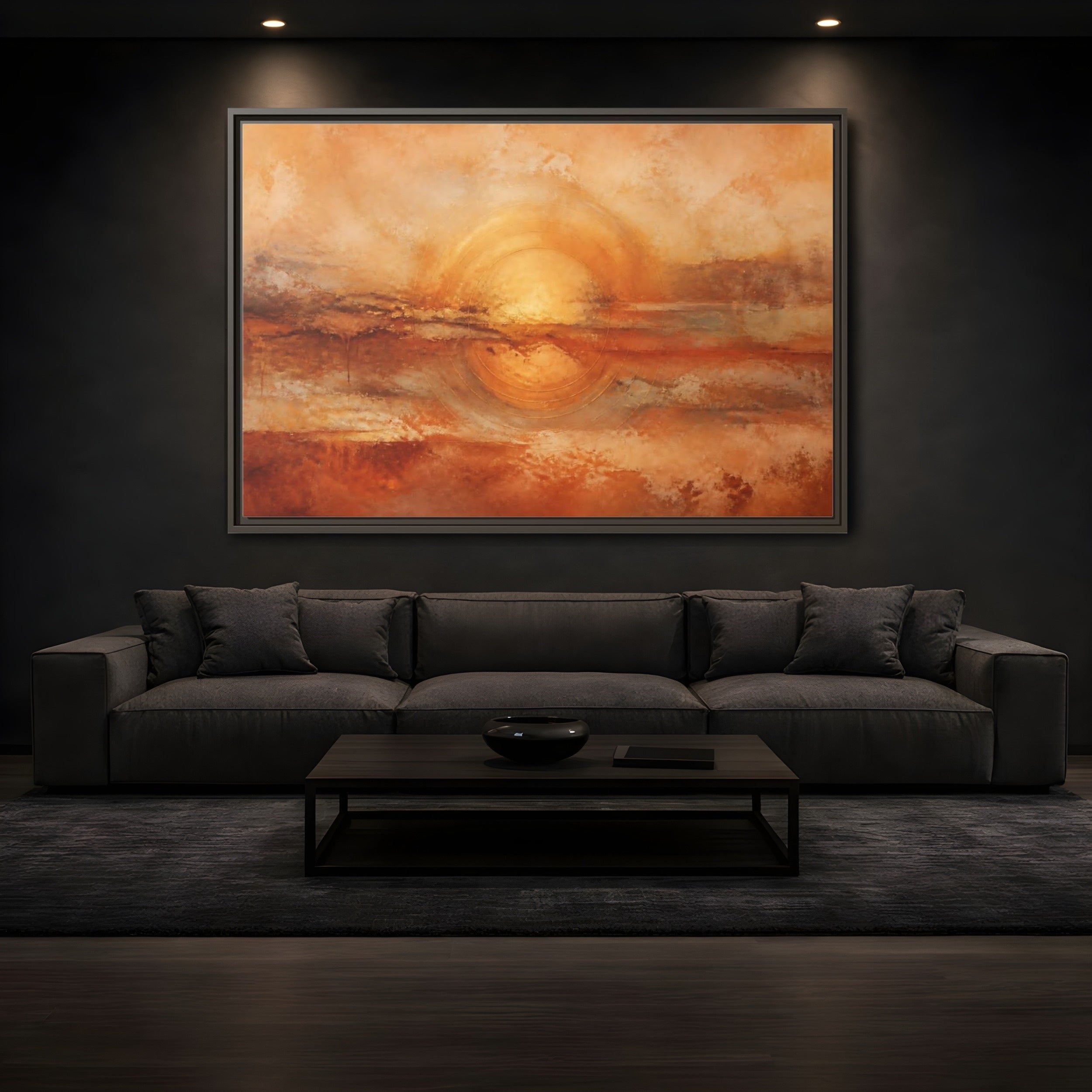 Mockup 3. Nature Golden Sun Golden Orange Abstract shown as stretched canvas wall art