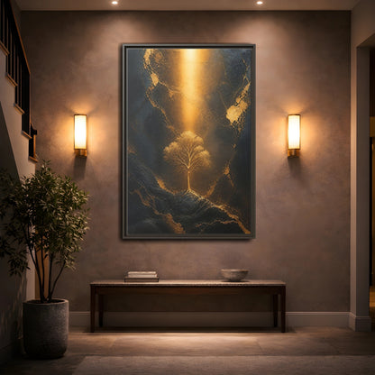 Mockup 2. Nature Golden Tree Gold And Black Tree shown as stretched canvas wall art