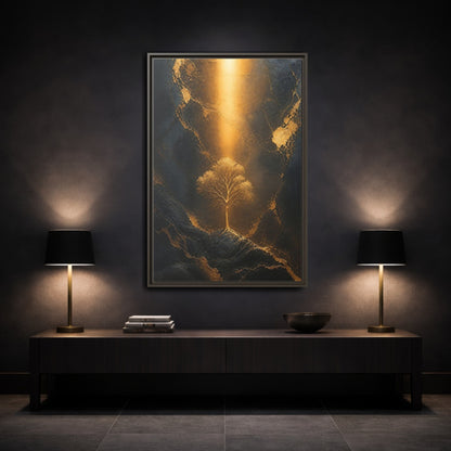 Mockup 3. Nature Golden Tree Gold And Black Tree shown as stretched canvas wall art
