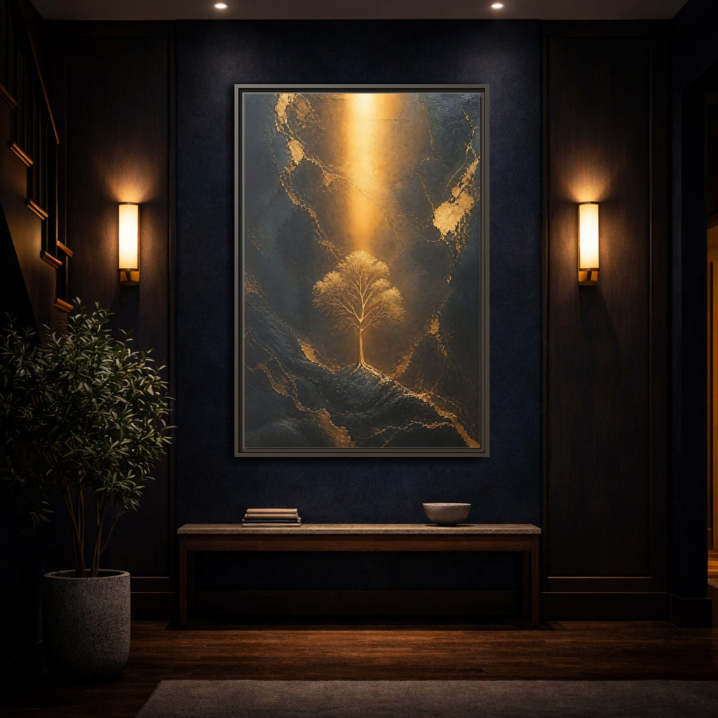 Mockup 4. Nature Golden Tree Gold And Black Tree shown as stretched canvas wall art