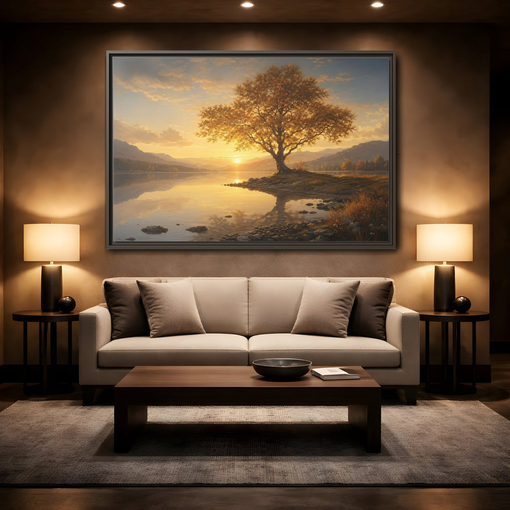 Mockup 2. Nature Golden Tree Golden Tree Sunset shown as stretched canvas wall art