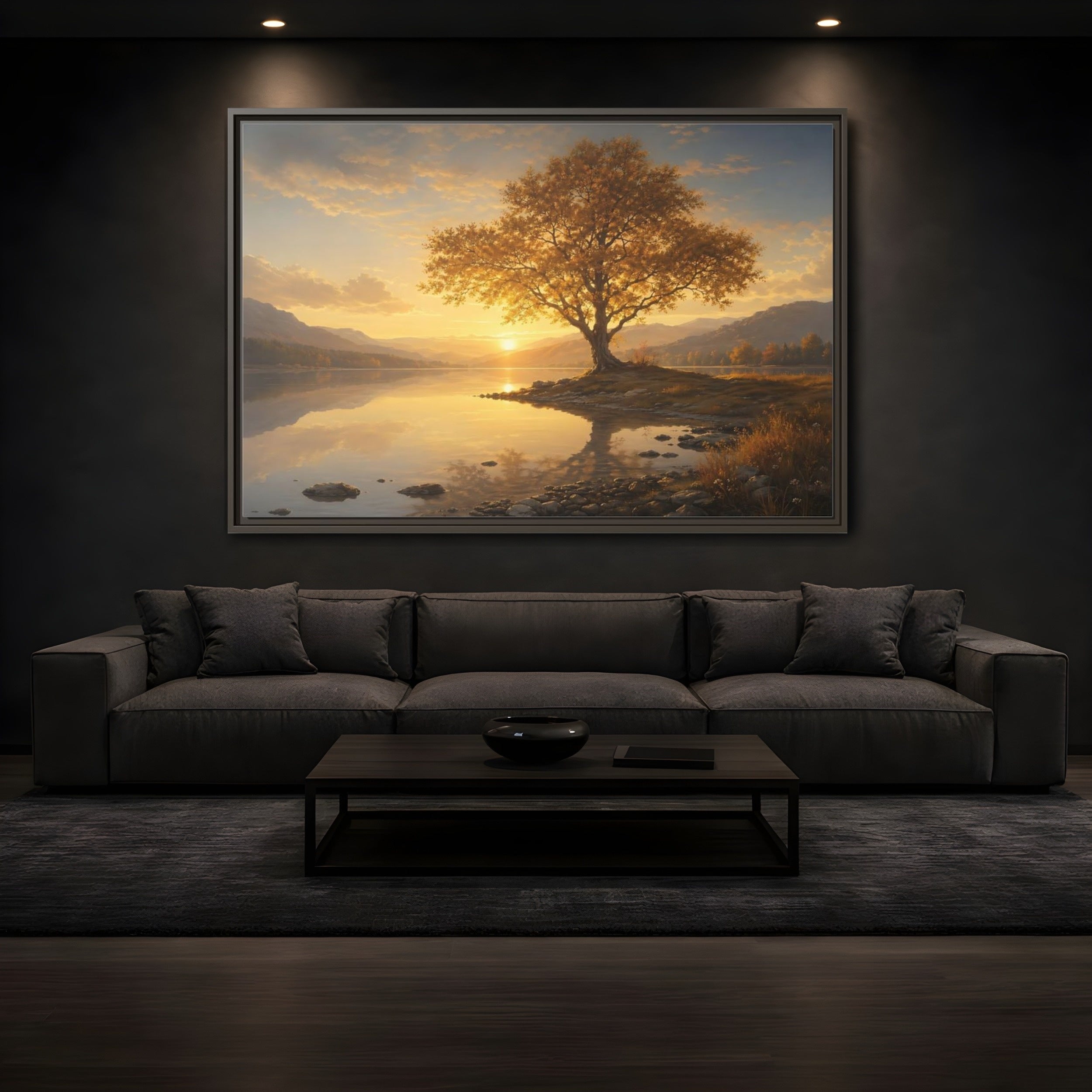 Mockup 3. Nature Golden Tree Golden Tree Sunset shown as stretched canvas wall art