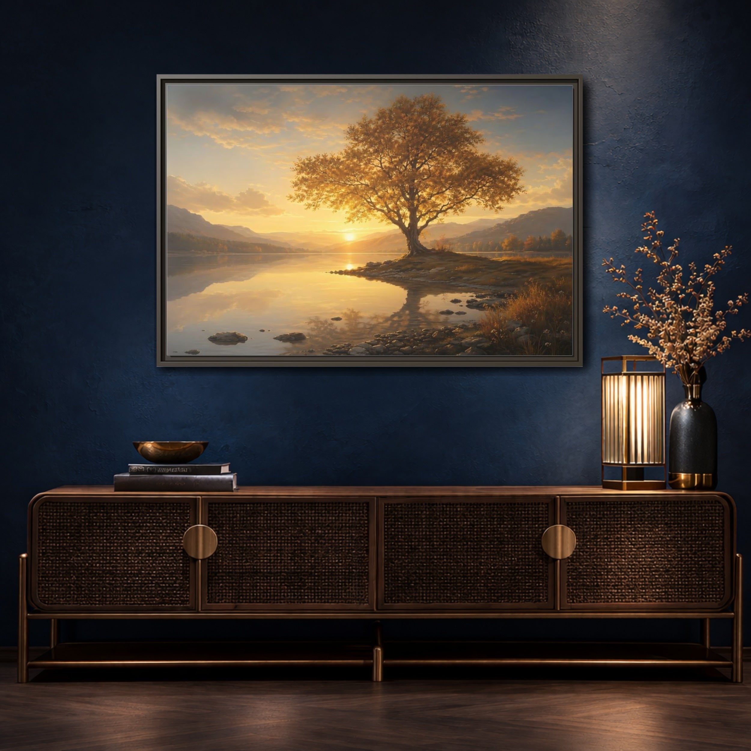 Mockup 4. Nature Golden Tree Golden Tree Sunset shown as stretched canvas wall art