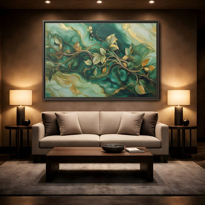 Mockup 2. Nature Golden Vines Green Gold Abstract shown as stretched canvas wall art