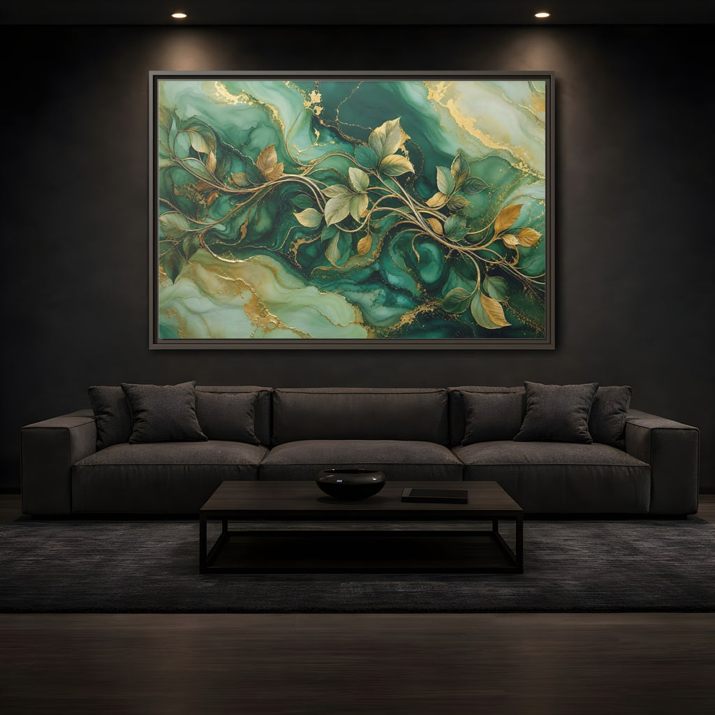 Mockup 3. Nature Golden Vines Green Gold Abstract shown as stretched canvas wall art
