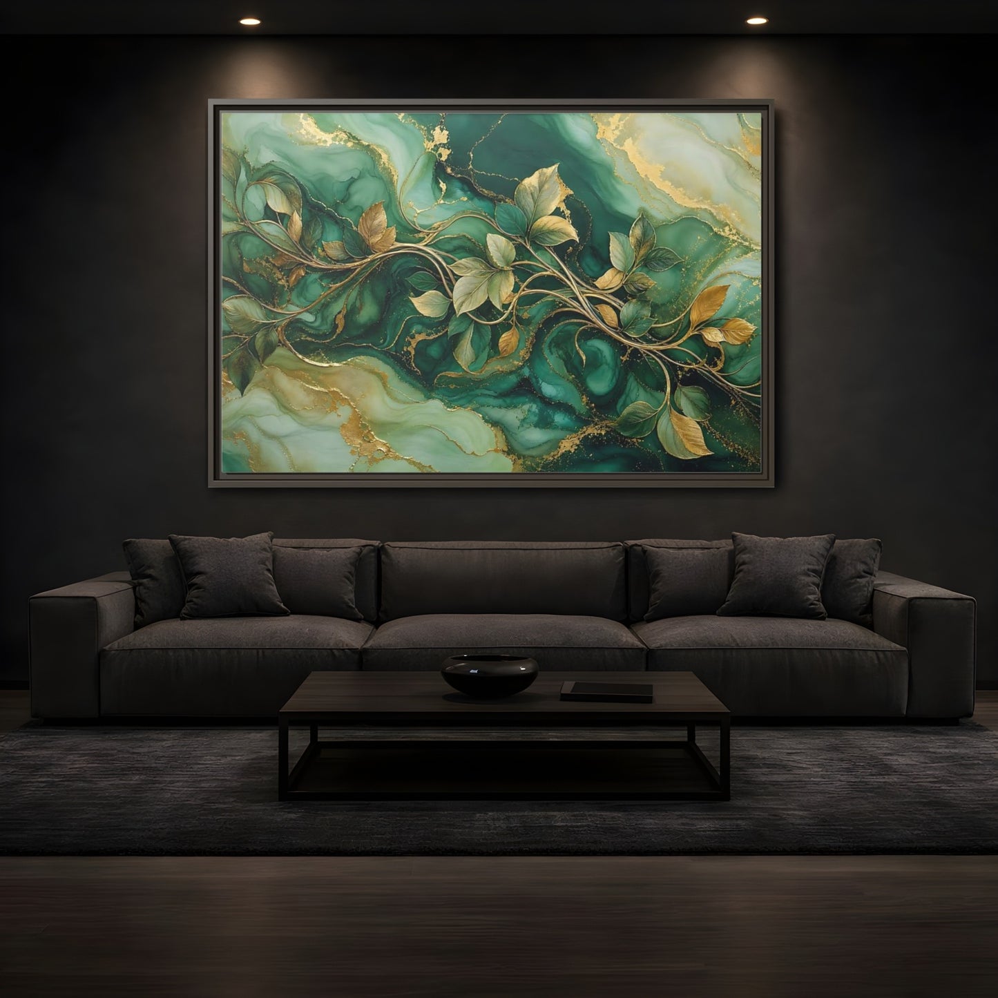 Mockup 3. Nature Golden Vines Green Gold Abstract shown as stretched canvas wall art