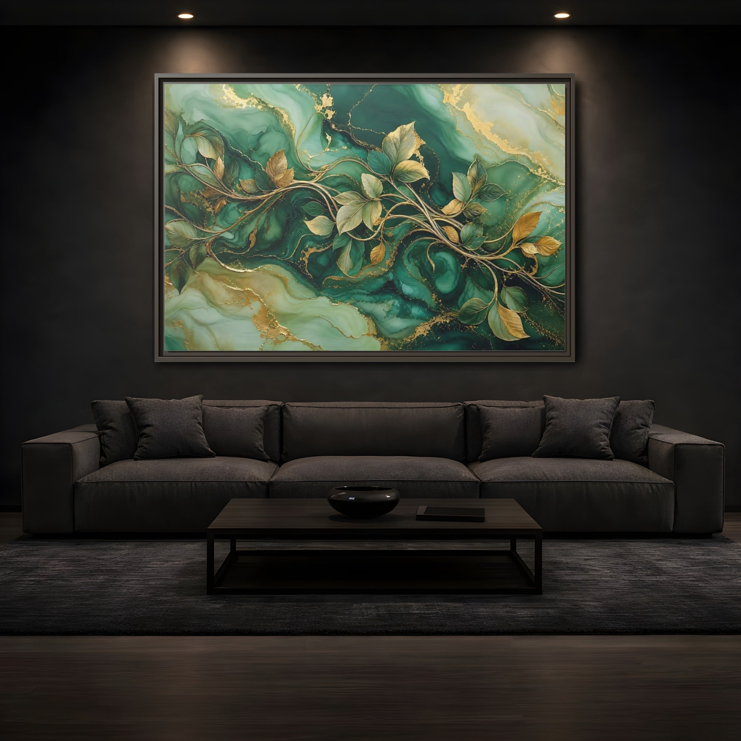 Mockup 3. Nature Golden Vines Green Gold Abstract shown as stretched canvas wall art