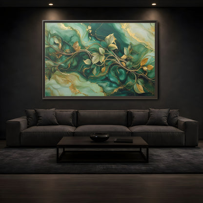 Mockup 3. Nature Golden Vines Green Gold Abstract shown as stretched canvas wall art