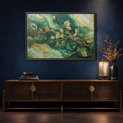 Mockup 4. Nature Golden Vines Green Gold Abstract shown as stretched canvas wall art