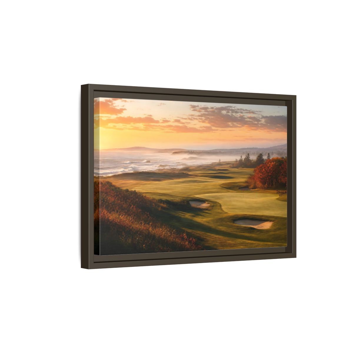 Side Mockup 5. Nature Golf Course Orange And Green shown as framed canvas print