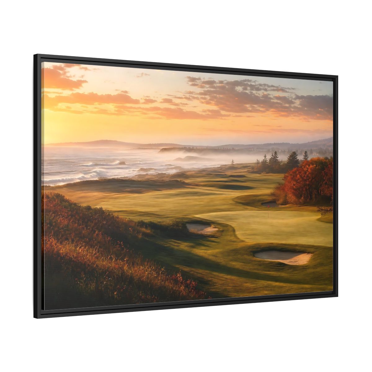 Side Mockup 12. Nature Golf Course Orange And Green shown as framed canvas print
