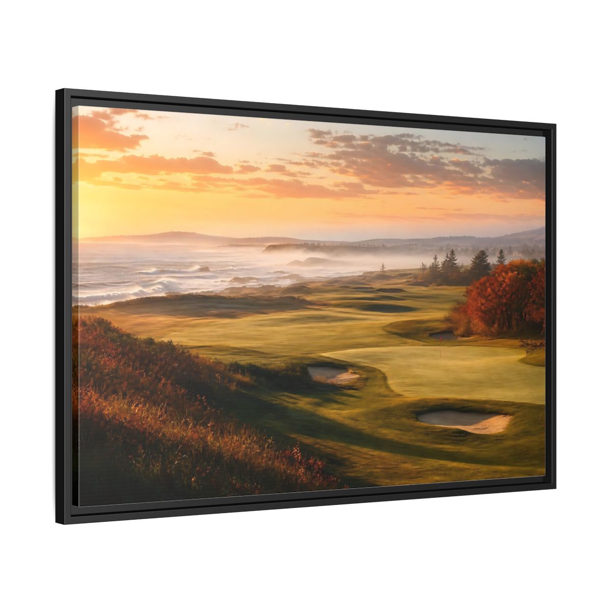 Side Mockup 13. Nature Golf Course Orange And Green shown as framed canvas print