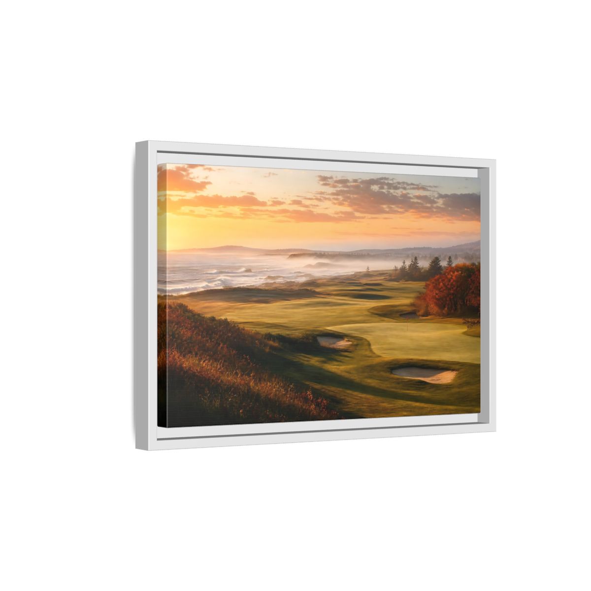 Side Mockup 4. Nature Golf Course Orange And Green shown as framed canvas print