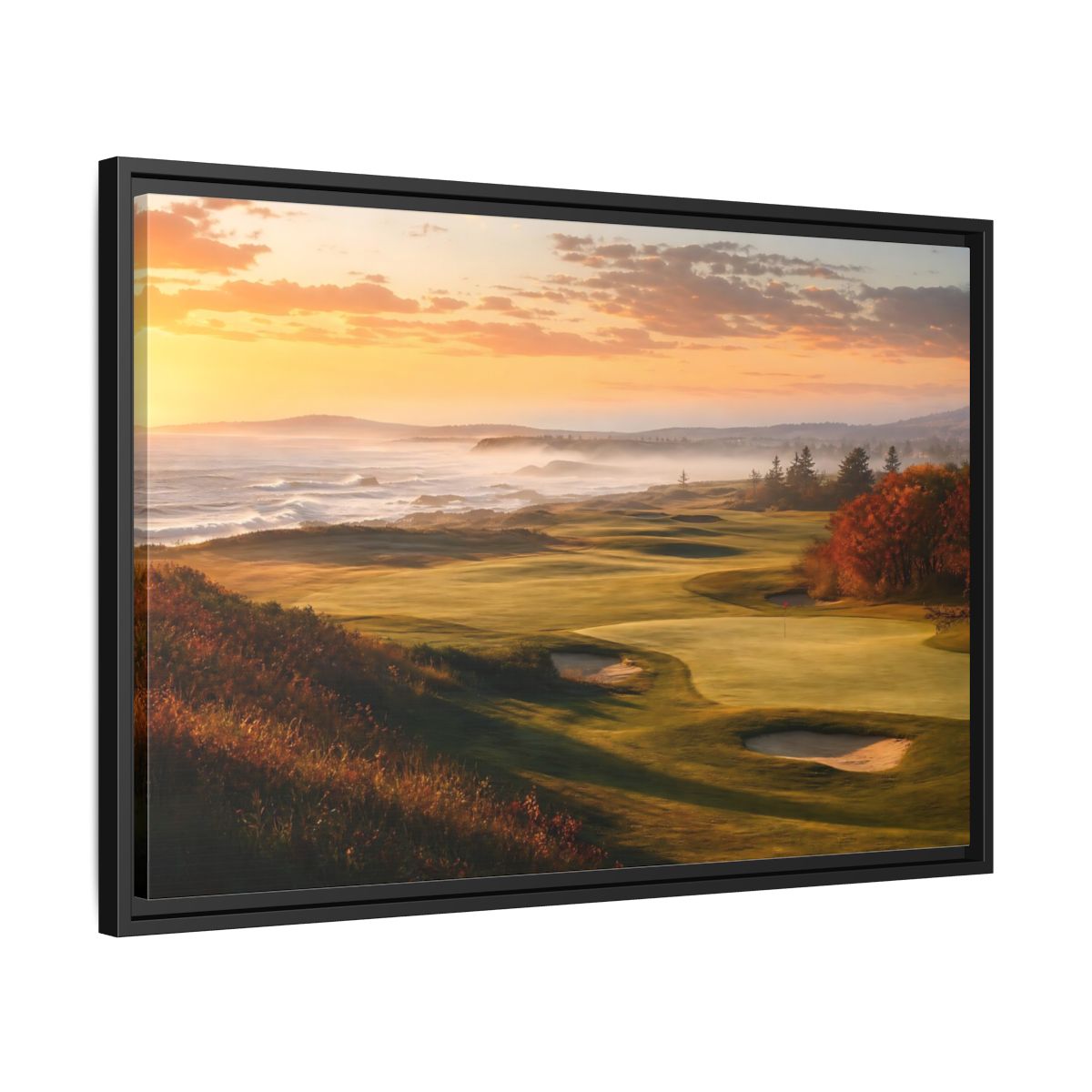 Side Mockup 14. Nature Golf Course Orange And Green shown as framed canvas print