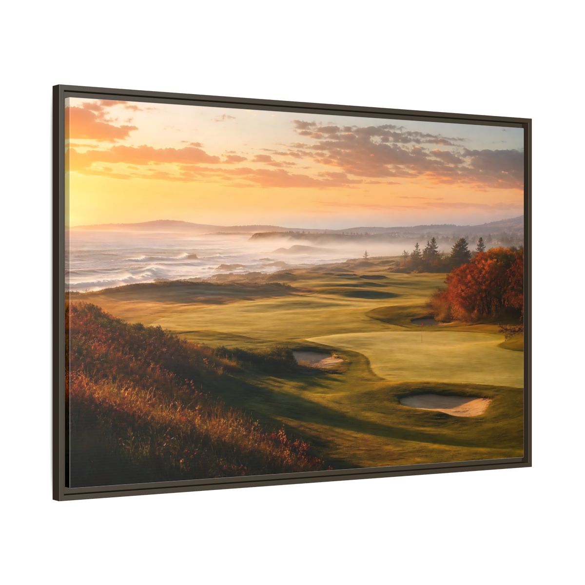 Side Mockup 8. Nature Golf Course Orange And Green shown as framed canvas print