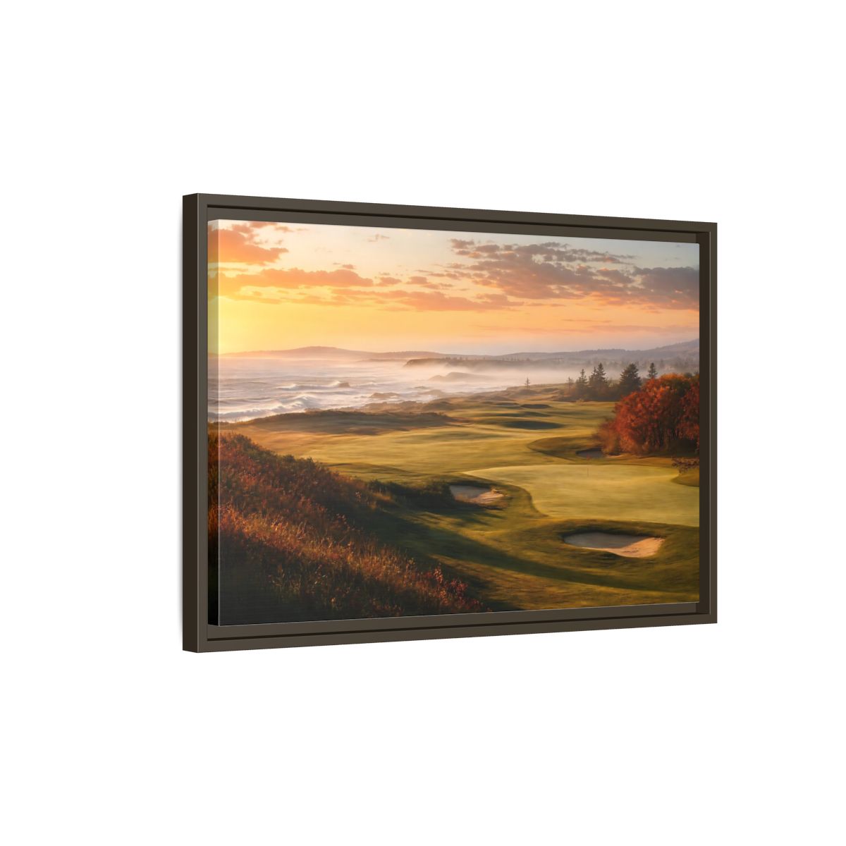 Side Mockup 2. Nature Golf Course Orange And Green shown as framed canvas print