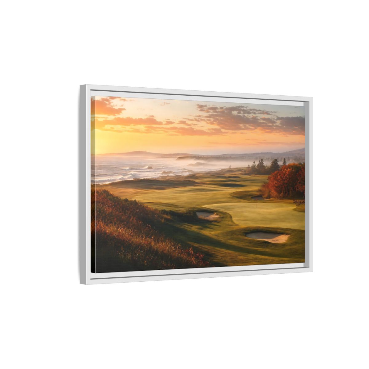 Side Mockup 1. Nature Golf Course Orange And Green shown as framed canvas print